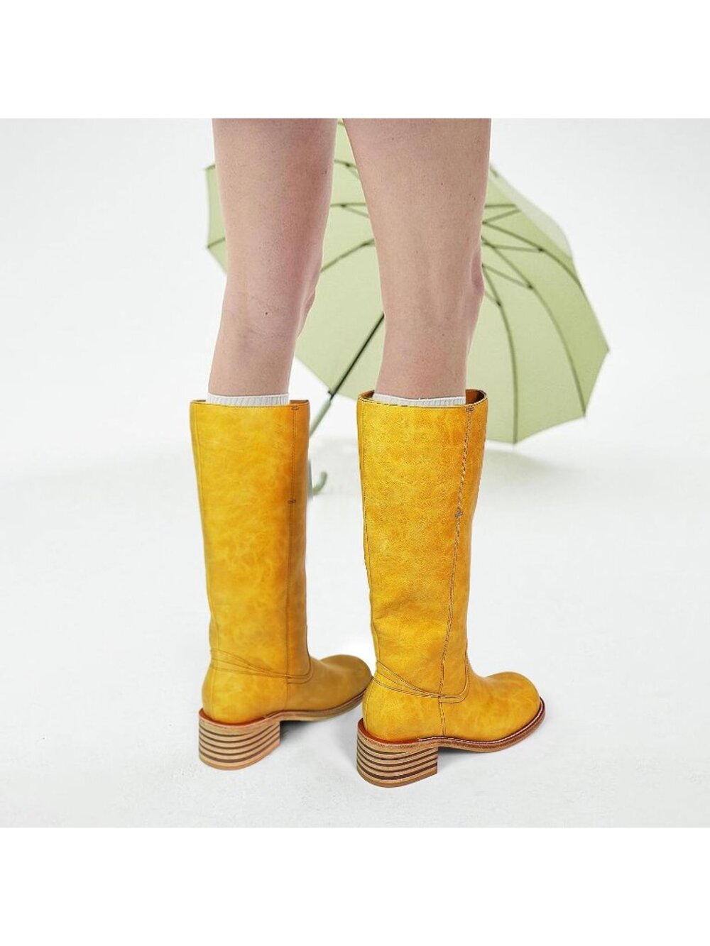 Women's Banana Yellow Low Heel Square Toe Chunky Block Heel Long Knee High Boot - Picture 4 of 5